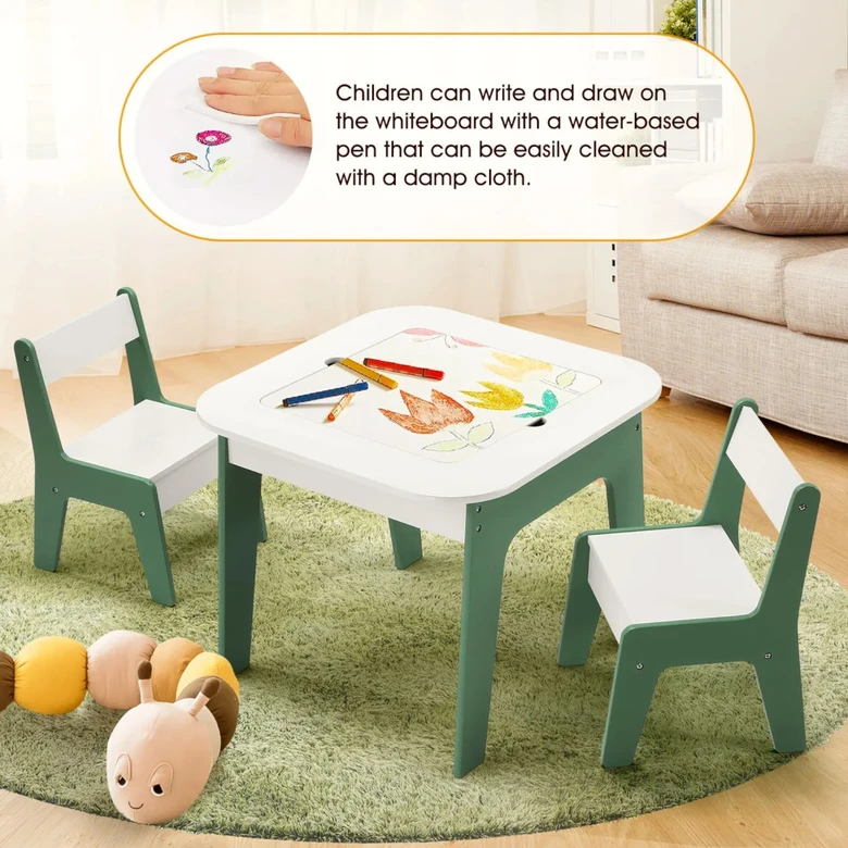 Детска Масичка със Столчета 4 в 1 GINGER HOME, 2 Плота, Черна дъска и Плот за Редене на Конструктори тип LEGO, Forest, Ginger Home
