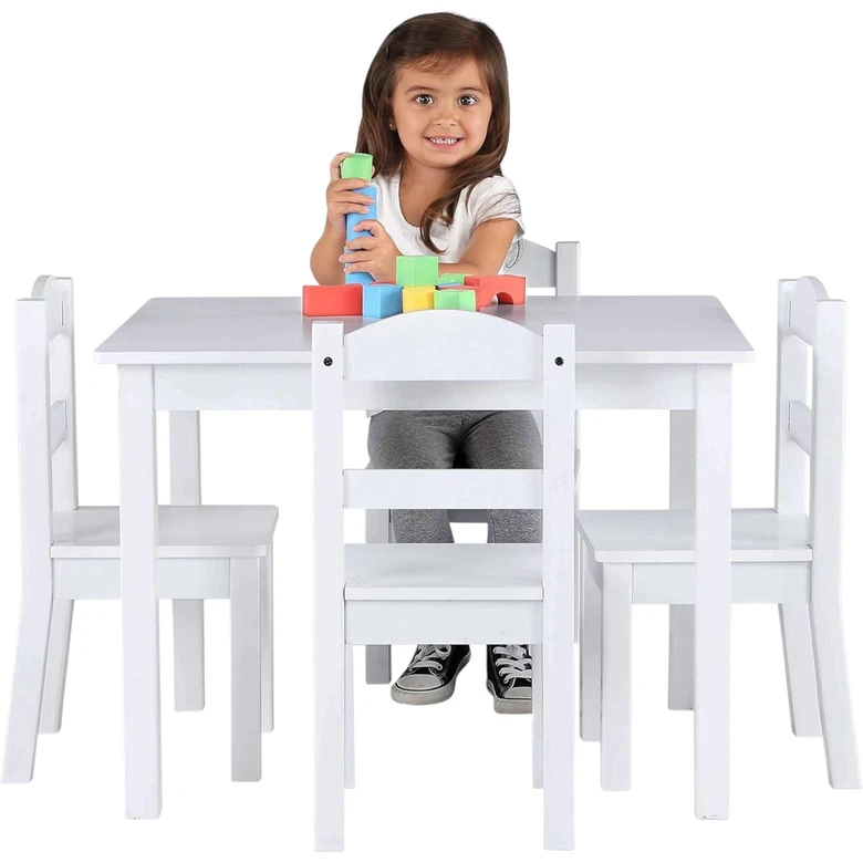 Детска Маса с 4 Столчета GINGER HOME, Дървен Комплект за Игра и Учение, Бял, 66x56x48 см, Ginger Home