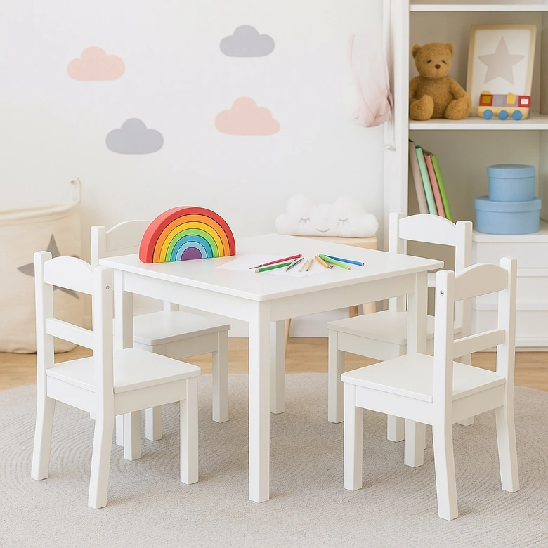 Детска Маса с 4 Столчета GINGER HOME, Дървен Комплект за Игра и Учение, Бял, 66x56x48 см, Ginger Home