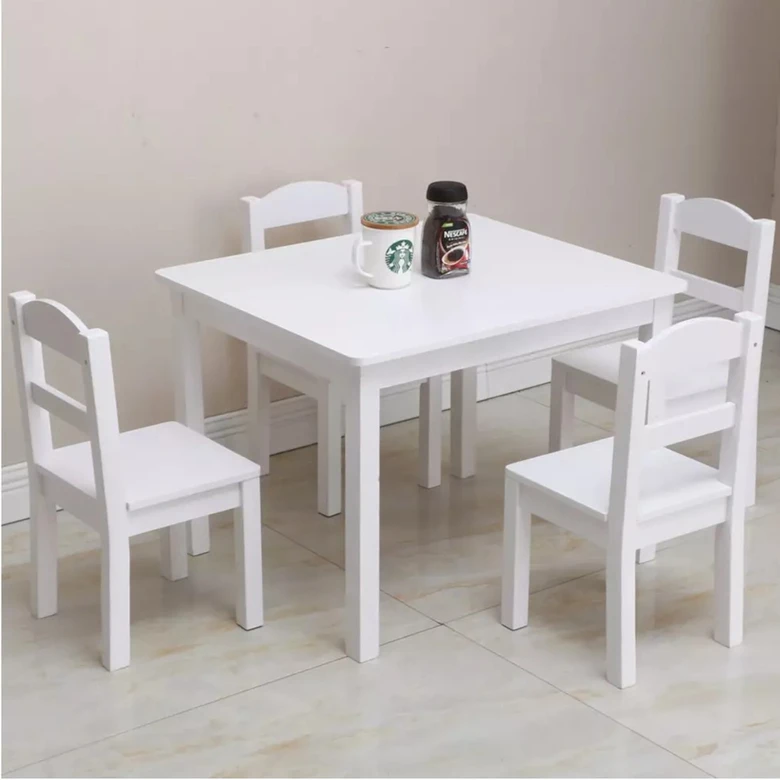 Детска Маса с 4 Столчета GINGER HOME, Дървен Комплект за Игра и Учение, Бял, 66x56x48 см, Ginger Home