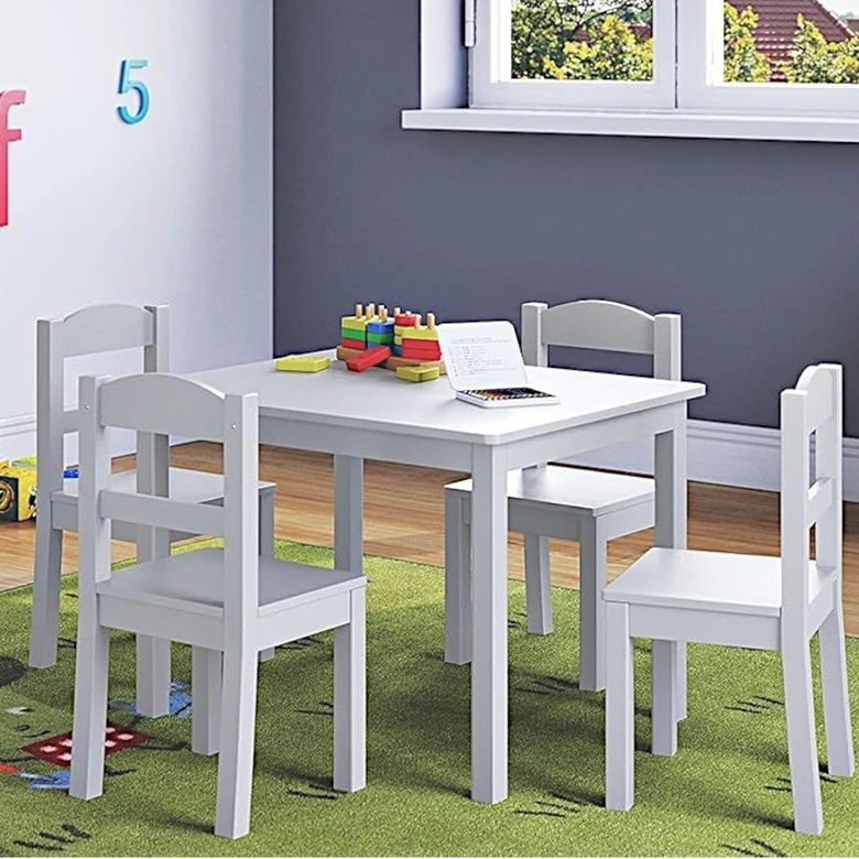 Детска Маса с 4 Столчета GINGER HOME, Дървен Комплект за Игра и Учение, Бял, 66x56x48 см, Ginger Home