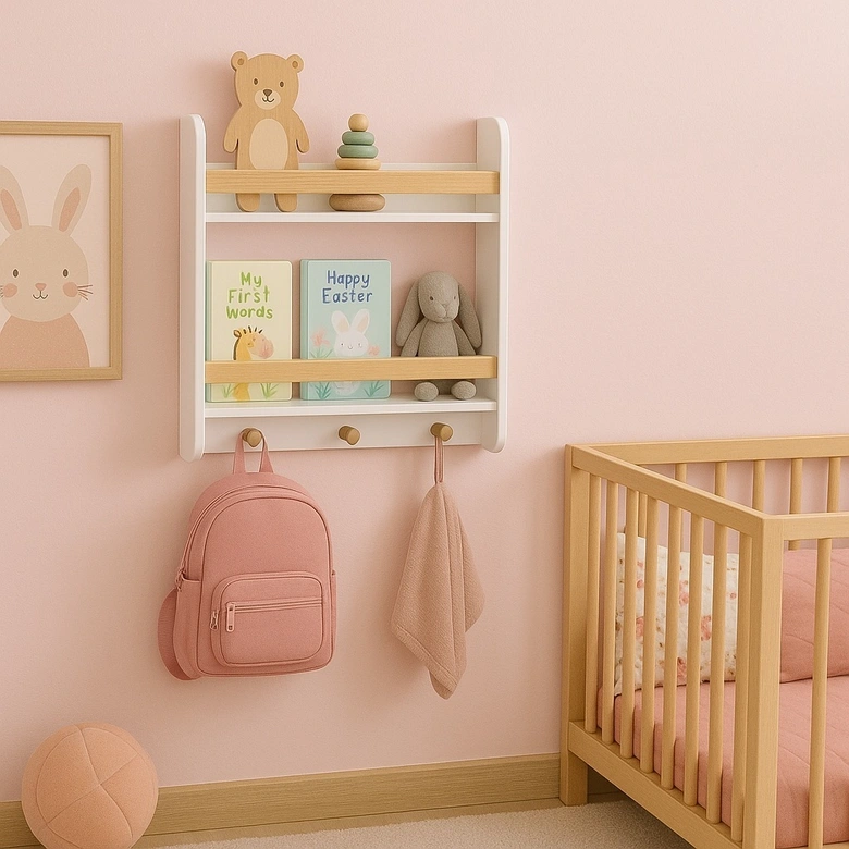 Стенна Детска Етажерка GINGER HOME – Бяла, с Рафтове и Закачалки