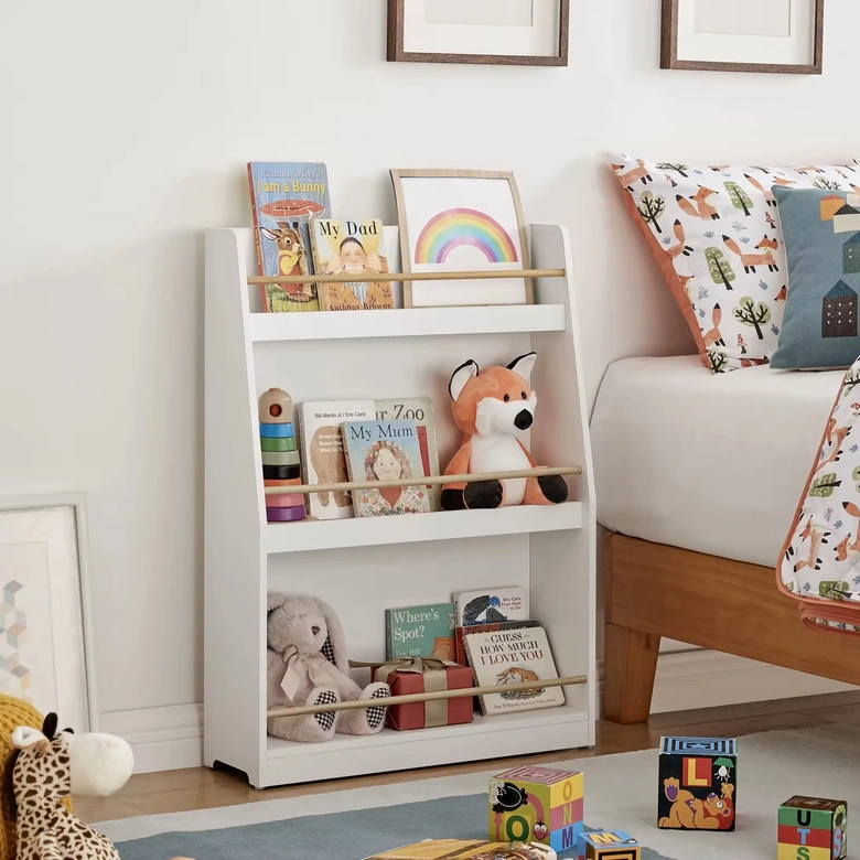Детска Етажерка GINGER HOME, Дървен Органайзер за Книжки и Играчки, Бял Цвят, за Уютната Детска Стая