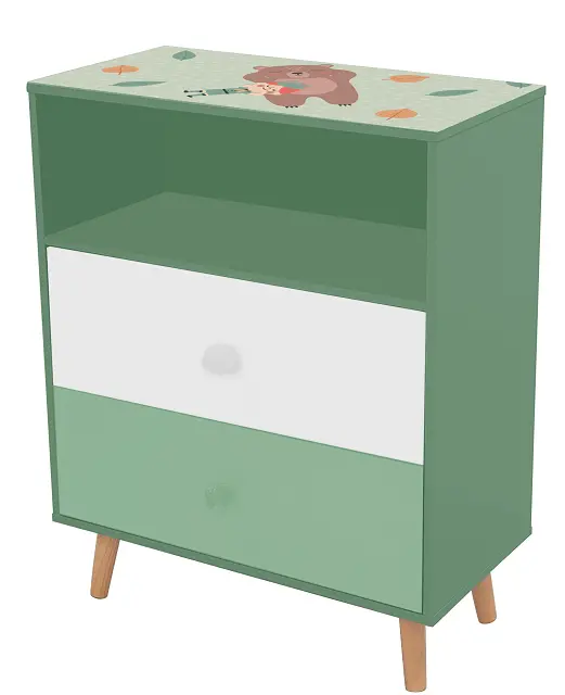 Детски Шкаф за Играчки и Дрехи GINGER HOME, Етажерка за Детска Стая с 2 чекмеджета, Мече, FOREST