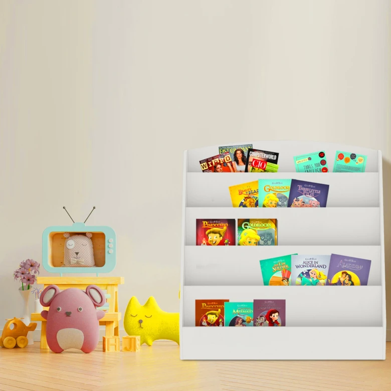 Детска Етажерка GINGER HOME, Органайзер с Рафтове за Книжки и Списания, Дървена, Бяла, 80х30х80 см.