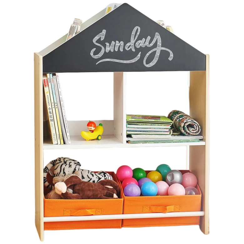 Етажерка за Играчки и Книжки GINGER HOME, Черна Дъска за Писане, Къщичка, Дърво, Ginger Home