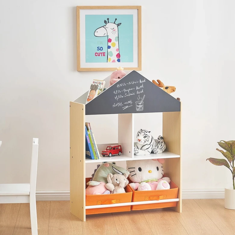 Етажерка за Играчки и Книжки GINGER HOME, Черна Дъска за Писане, Къщичка, Дърво, Ginger Home