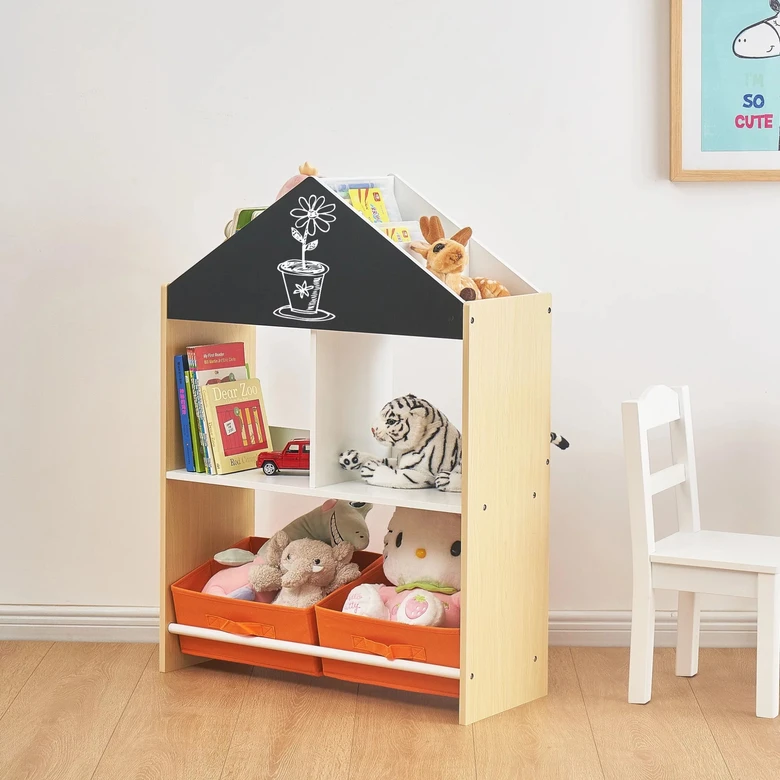 Етажерка за Играчки и Книжки GINGER HOME, Черна Дъска за Писане, Къщичка, Дърво, Ginger Home