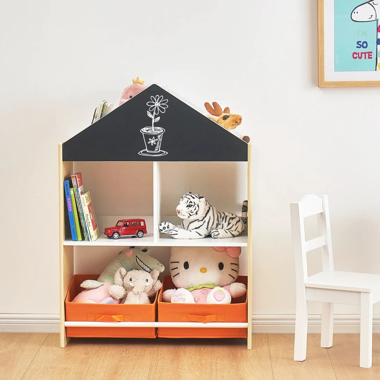 Етажерка за Играчки и Книжки GINGER HOME, Черна Дъска за Писане, Къщичка, Дърво, Ginger Home