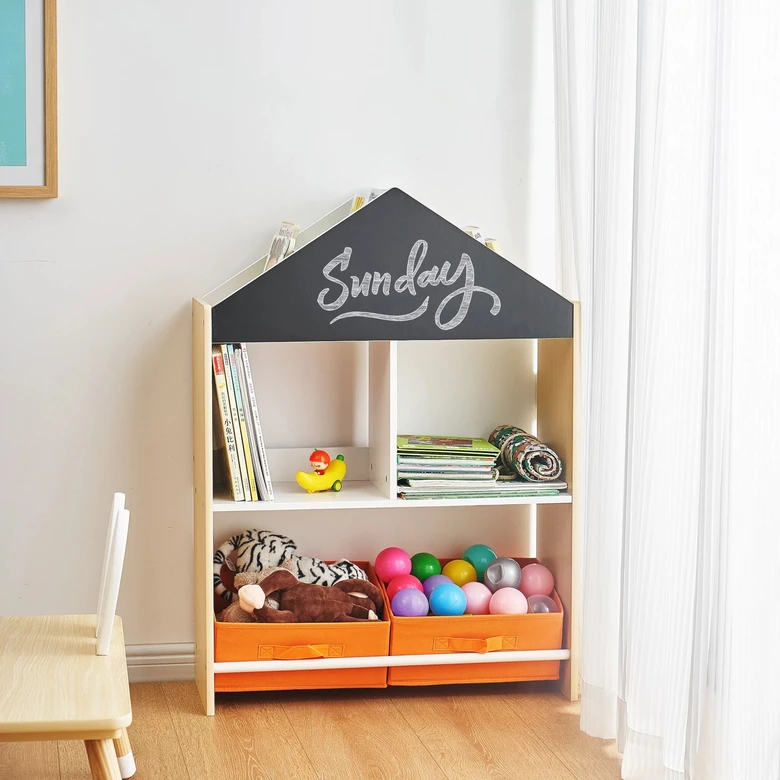 Етажерка за Играчки и Книжки GINGER HOME, Черна Дъска за Писане, Къщичка, Дърво, Ginger Home
