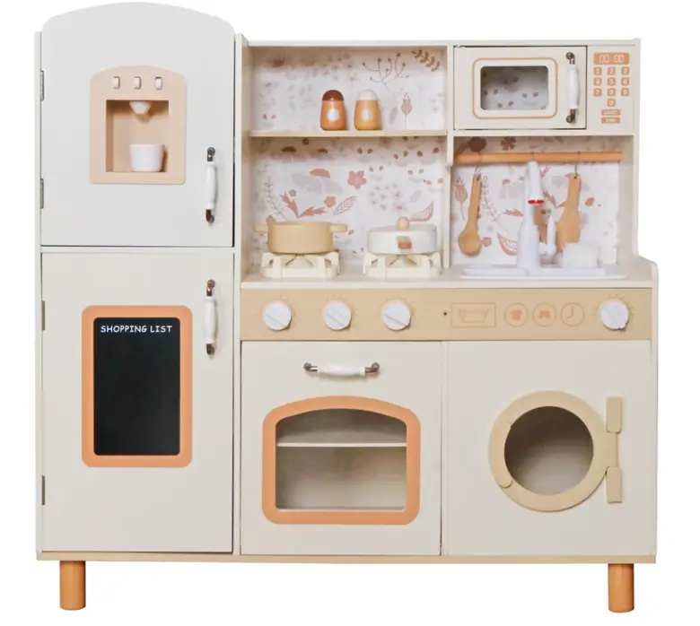 Детска Дървена Кухня GINGER HOME – Винтидж Модел с Електронни Котлони, Светлини, Звуци и Мивка с Течаща Вода, 91×31×90 см