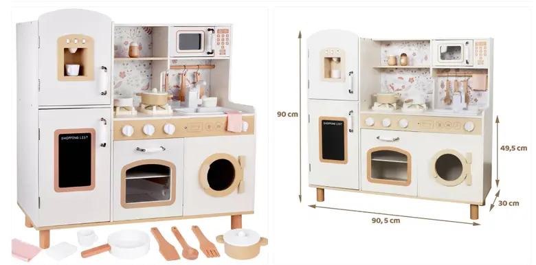 Детска Дървена Кухня GINGER HOME – Винтидж Модел с Електронни Котлони, Светлини, Звуци и Мивка с Течаща Вода, 91×31×90 см