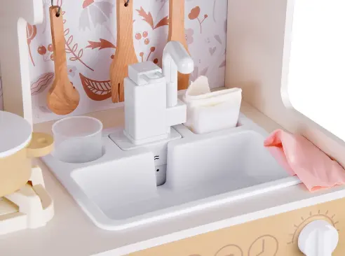 Детска Дървена Кухня GINGER HOME – Винтидж Модел с Електронни Котлони, Светлини, Звуци и Мивка с Течаща Вода, 91×31×90 см