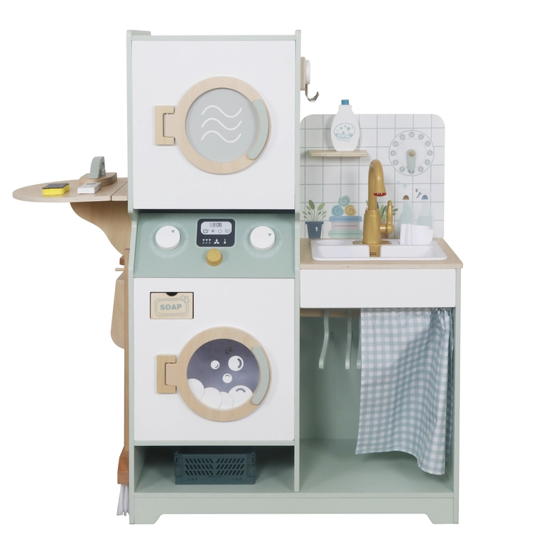 Детска Дървена Пералня 3 в 1 с Мивка с Течаща Вода и Сушилня GINGER HOME, 86×32×90 см