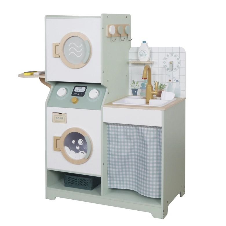 Детска Дървена Пералня 3 в 1 с Мивка с Течаща Вода и Сушилня GINGER HOME, 86×32×90 см