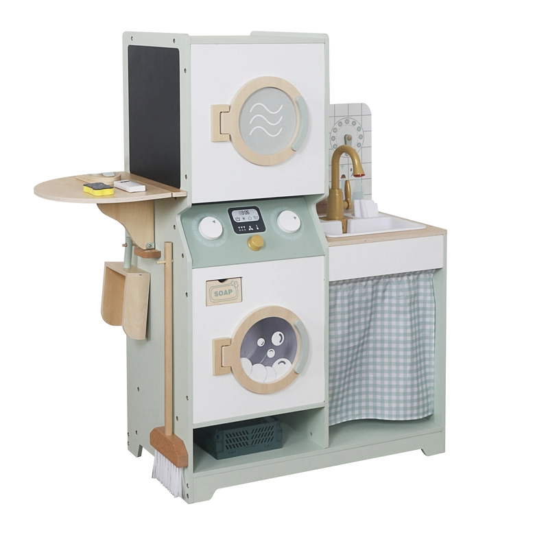 Детска Дървена Пералня 3 в 1 с Мивка с Течаща Вода и Сушилня GINGER HOME, 86×32×90 см