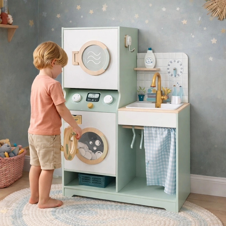 Детска Дървена Пералня 3 в 1 с Мивка с Течаща Вода и Сушилня GINGER HOME, 86×32×90 см