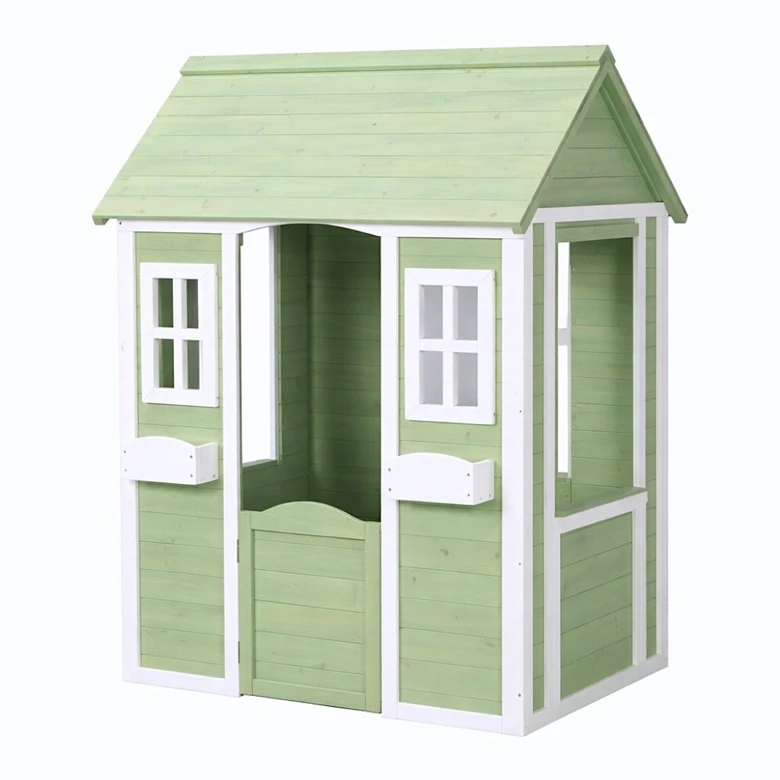 Детска Дървена Къщичка за Игра на Открито GINGER HOME – Градинска Къща за Деца, Зелено и Бяло, 107×90×144 см