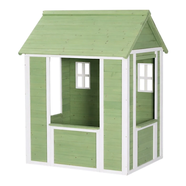 Детска Дървена Къщичка за Игра на Открито GINGER HOME – Градинска Къща за Деца, Зелено и Бяло, 107×90×144 см
