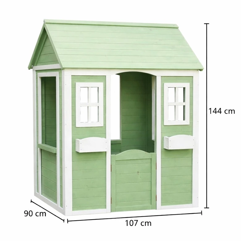 Детска Дървена Къщичка за Игра на Открито GINGER HOME – Градинска Къща за Деца, Зелено и Бяло, 107×90×144 см