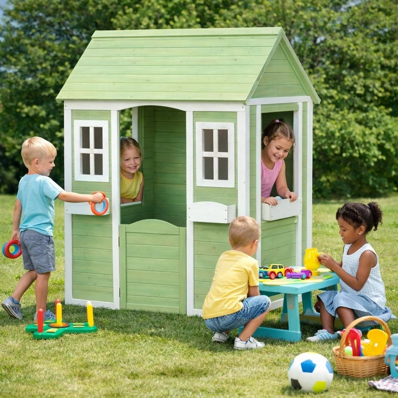 Детска Дървена Къщичка за Игра на Открито GINGER HOME – Градинска Къща за Деца, Зелено и Бяло, 107×90×144 см