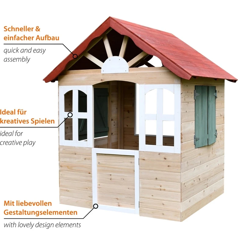 Детска дървена къщичка за игра на открито GINGER HOME – за двор и градина, 115×102×129 см