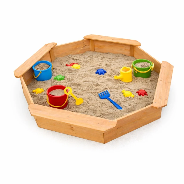 Детски дървен пясъчник GINGER HOME – 8-странен модел с 4 седалки, 134.5×134.5 см