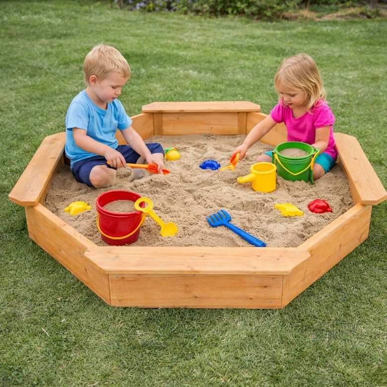 Детски дървен пясъчник GINGER HOME – 8-странен модел с 4 седалки, 134.5×134.5 см