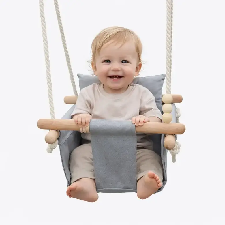 Детска Дървена Люлка GINGER HOME Scandi – Мека Памучна Седалка с Облегалка, 28×28×196 см