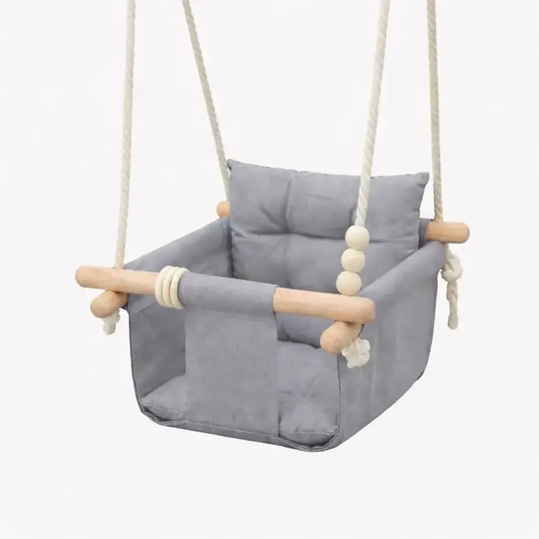 Детска Дървена Люлка GINGER HOME Scandi – Мека Памучна Седалка с Облегалка, 28×28×196 см