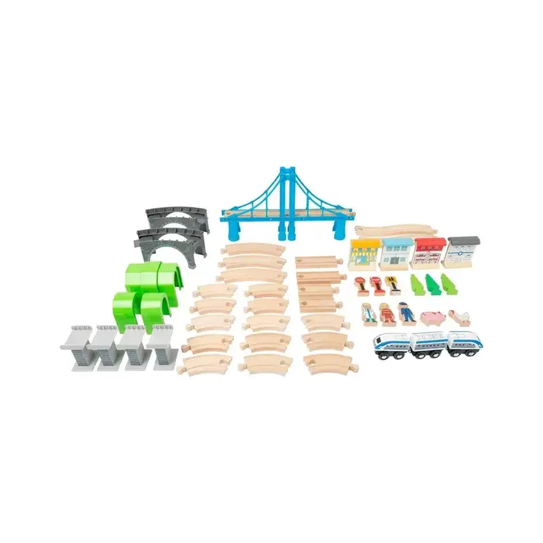 Small Foot Влакче, с релси и мост, дървено, 60 части