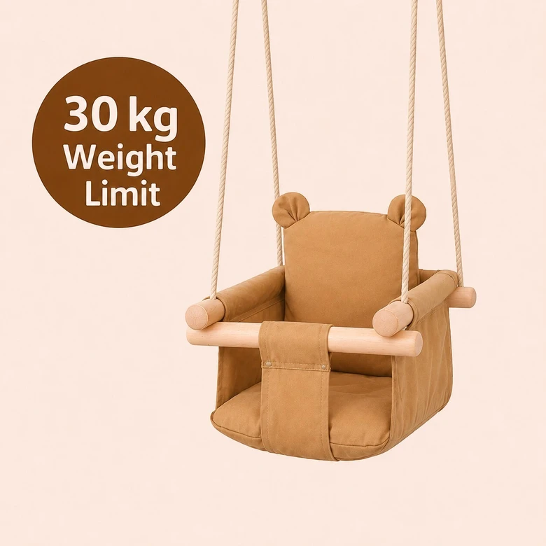 Детска Дървена Люлка Мече GINGER HOME – Мека Памучна Седалка, до 30 кг, 28×28×196 см