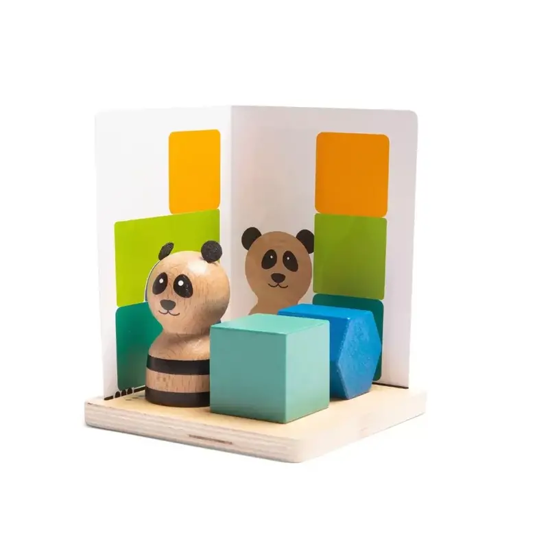 Дървен логически пъзел Панда BS Toys – игра с огледало и цветни блокчета за пространствено мислене