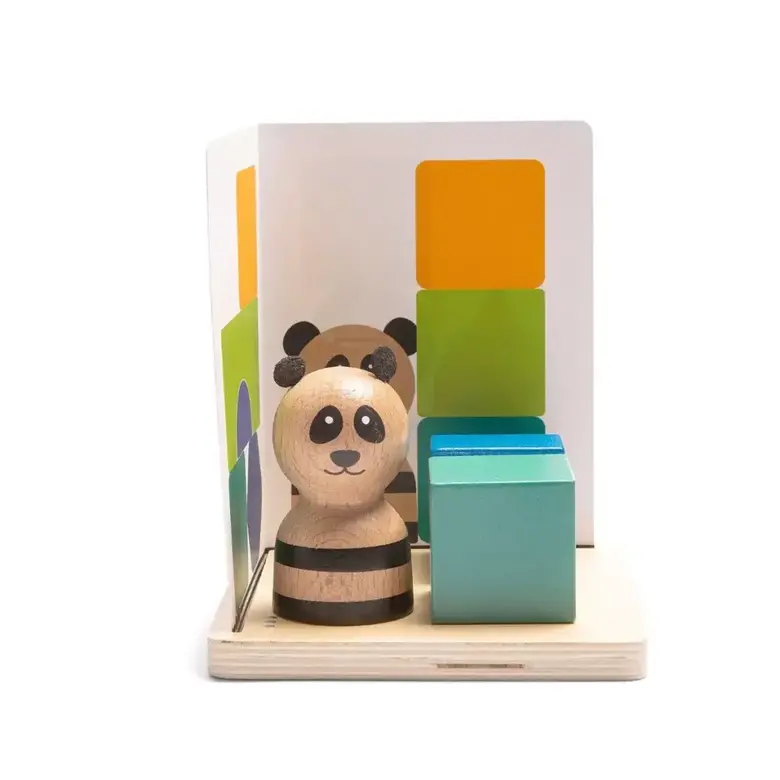 Дървен логически пъзел Панда BS Toys – игра с огледало и цветни блокчета за пространствено мислене