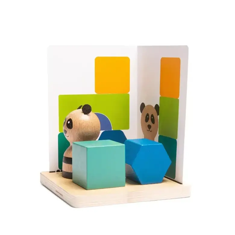 Дървен логически пъзел Панда BS Toys – игра с огледало и цветни блокчета за пространствено мислене