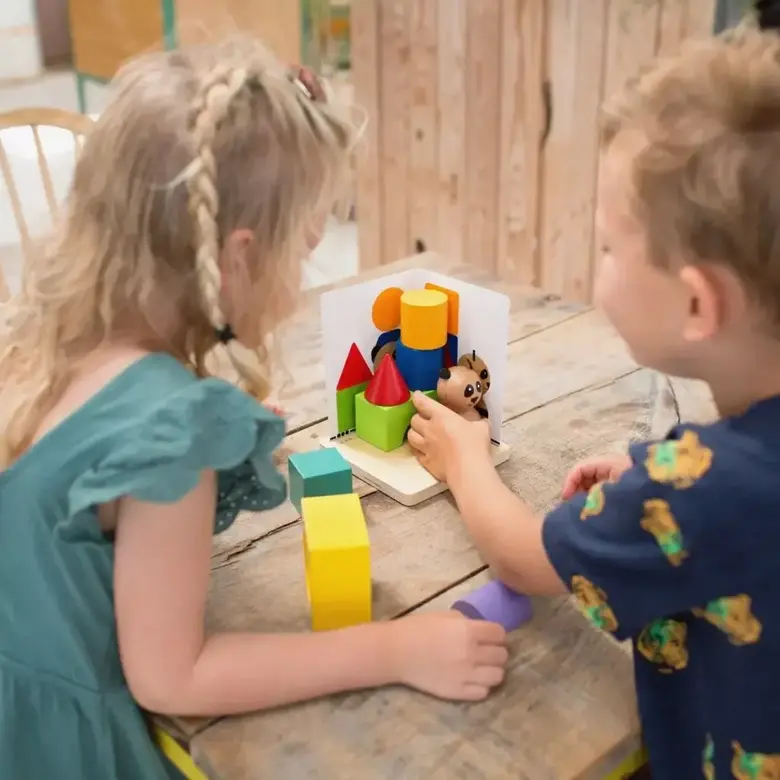 Дървен логически пъзел Панда BS Toys – игра с огледало и цветни блокчета за пространствено мислене