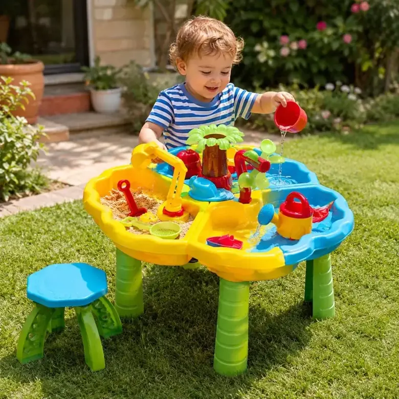 Сензорна маса за пясък и вода 2в1 със столче Jolly – детска водна маса с аксесоари