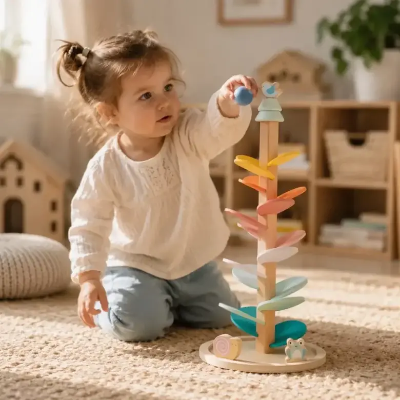 Дървено музикално дърво с топчета New Classic Toys – писта за фина моторика и координация