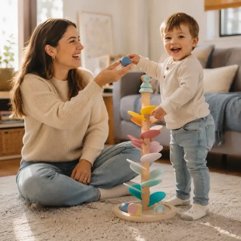 Дървено музикално дърво с топчета New Classic Toys – писта за фина моторика и координация