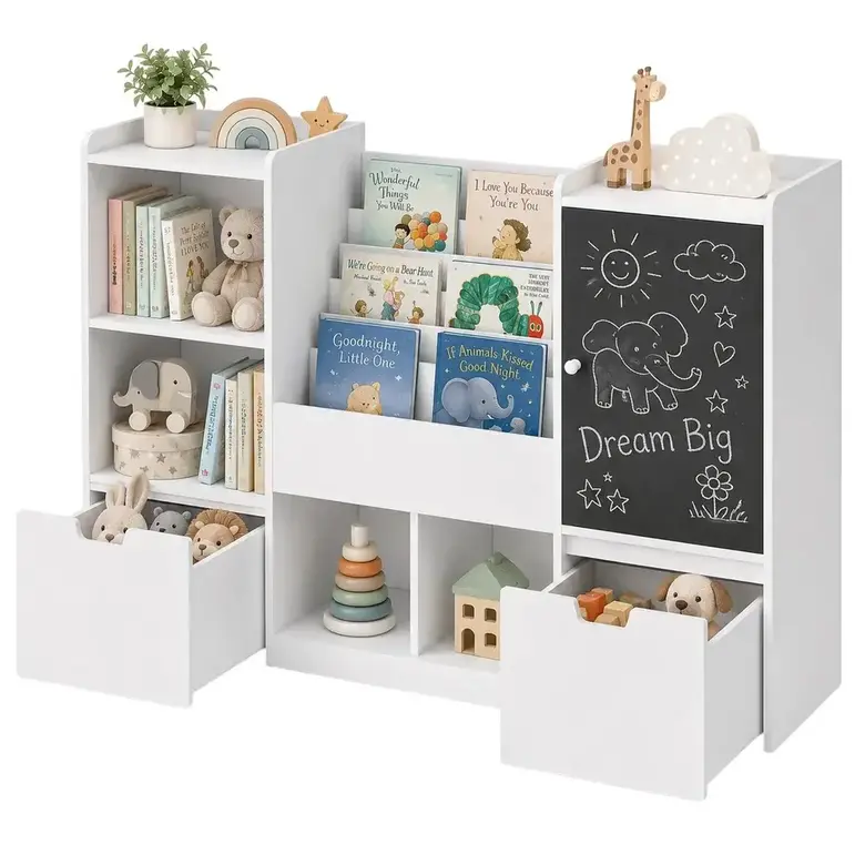Детски Органайзер за Играчки GINGER HOME с Черна Дъска, Етажерка, 2 Чекмеджета и 6 Отделения, Масивно Дърво и MDF, 140x51x80 см