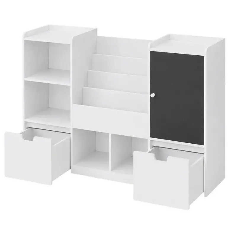 Детски Органайзер за Играчки GINGER HOME с Черна Дъска, Етажерка, 2 Чекмеджета и 6 Отделения, Масивно Дърво и MDF, 140x51x80 см