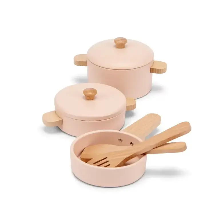 Розов детски дървен кухненски комплект с тенджери и тигани – New Classic Toys