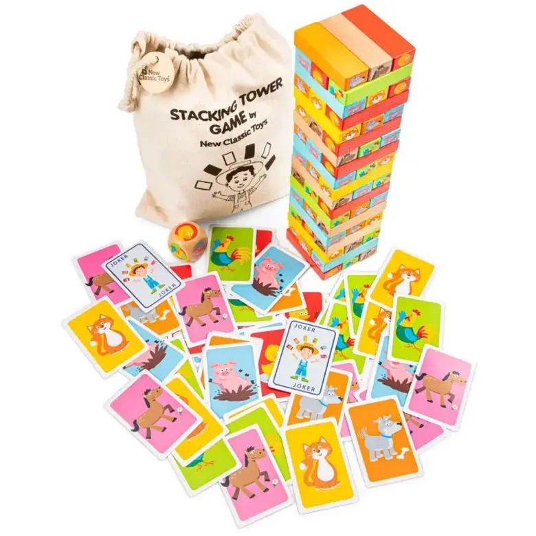 Дървена игра Дженга с животни и карти New Classic Toys – семейна игра за сръчност, логика и баланс