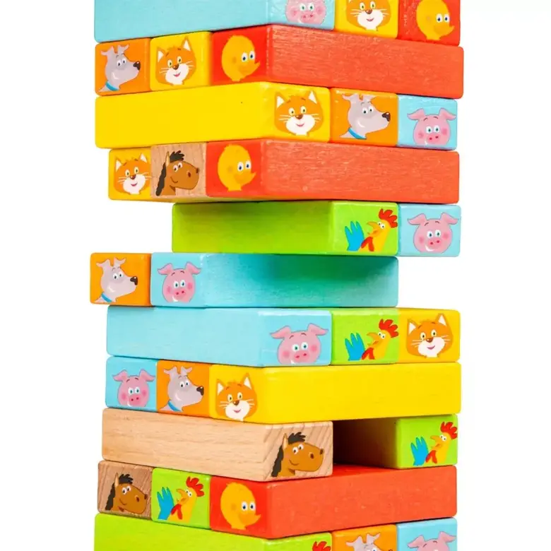 Дървена игра Дженга с животни и карти New Classic Toys – семейна игра за сръчност, логика и баланс