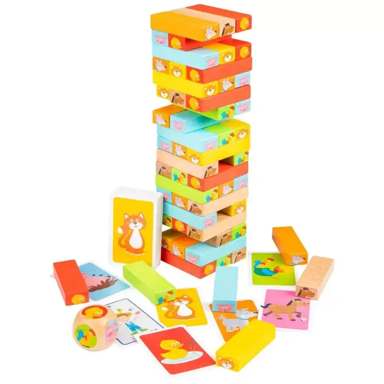 Дървена игра Дженга с животни и карти New Classic Toys – семейна игра за сръчност, логика и баланс