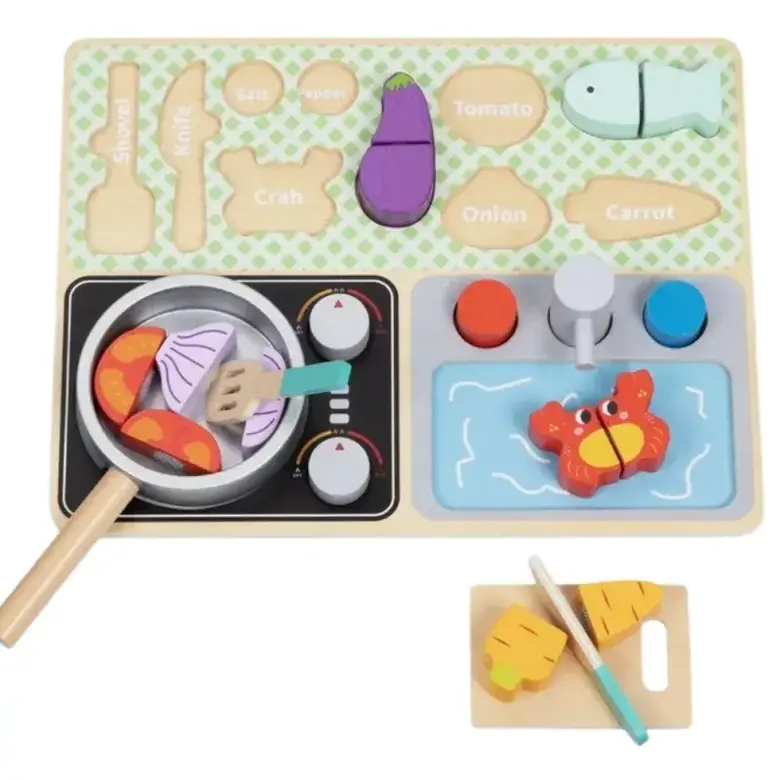 Дървен готварски комплект с тиган и продукти – Tooky Toy
