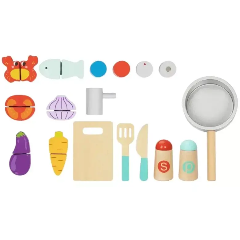 Дървен готварски комплект с тиган и продукти – Tooky Toy