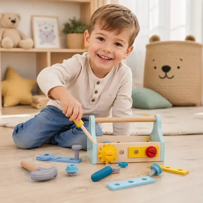 Дървена кутия с инструменти Tooky Toy – преносим комплект за ролеви игри и фина моторика