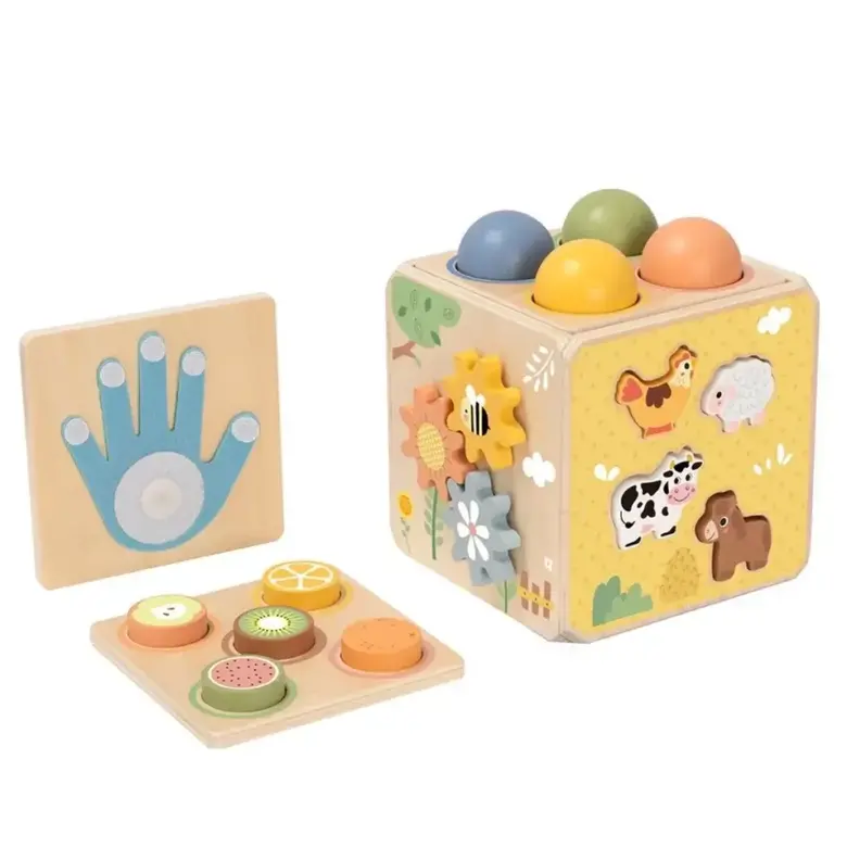 Монтесори дървен куб с активности 5в1 Фермата Tooky Toy – дидактическо кубче за игра и развитие