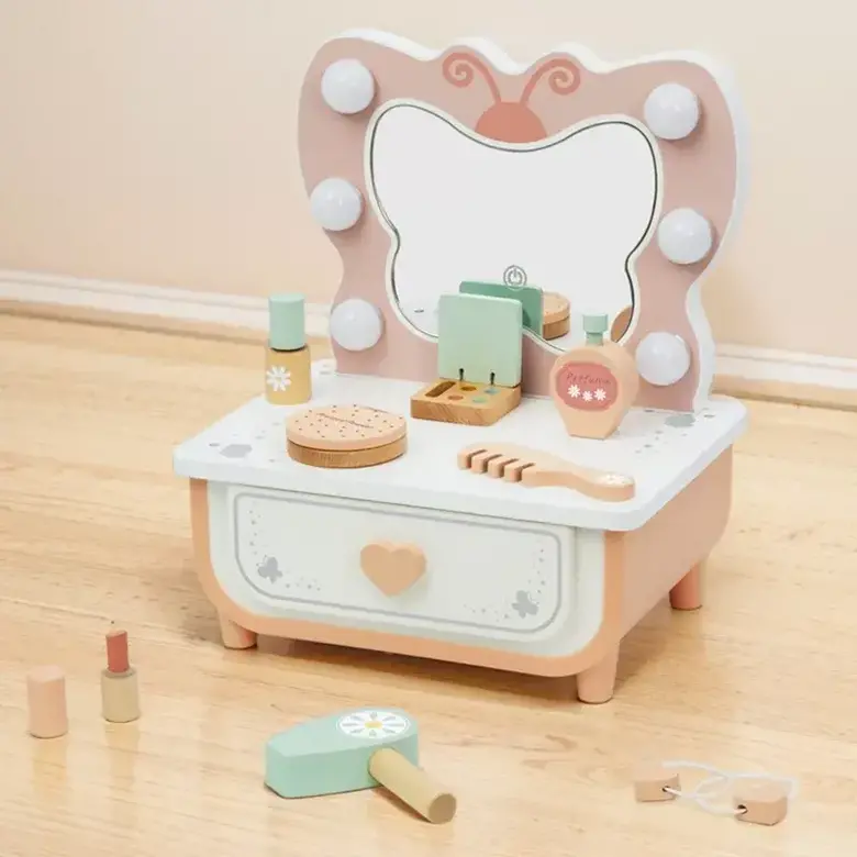 Детска дървена тоалетка с LED огледало Пеперуда – Tooky toy компактна гримьорна за игра
